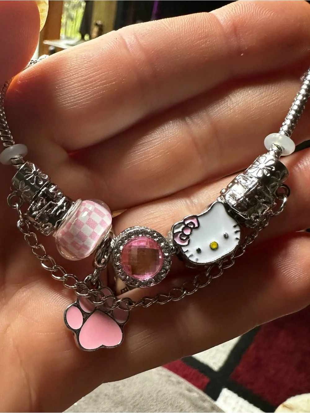 Hello Kitty Silver Charm Bracelet with Pink Enamel Accents